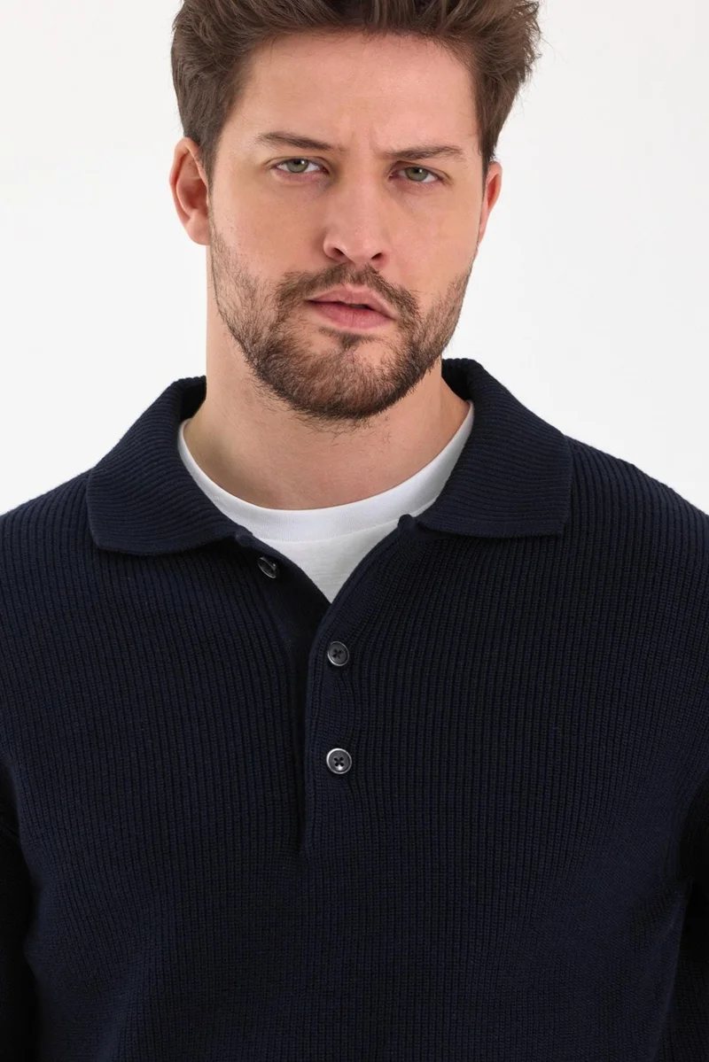 اوديلون Men's Regular Fit Cotton Polo Collar Buttoned Navy Blue Knitwear Sweater