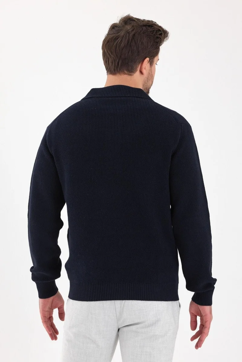 اوديلون Men's Regular Fit Cotton Polo Collar Buttoned Navy Blue Knitwear Sweater
