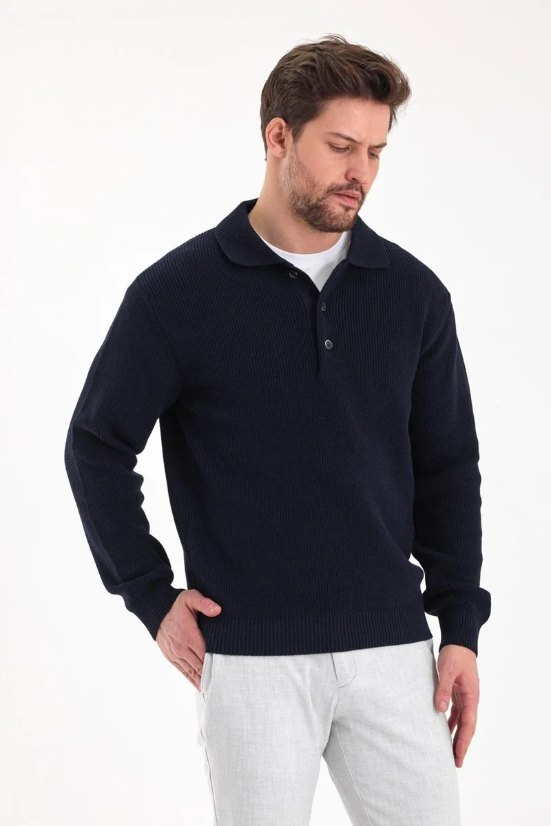 اوديلون Men's Regular Fit Cotton Polo Collar Buttoned Navy Blue Knitwear Sweater