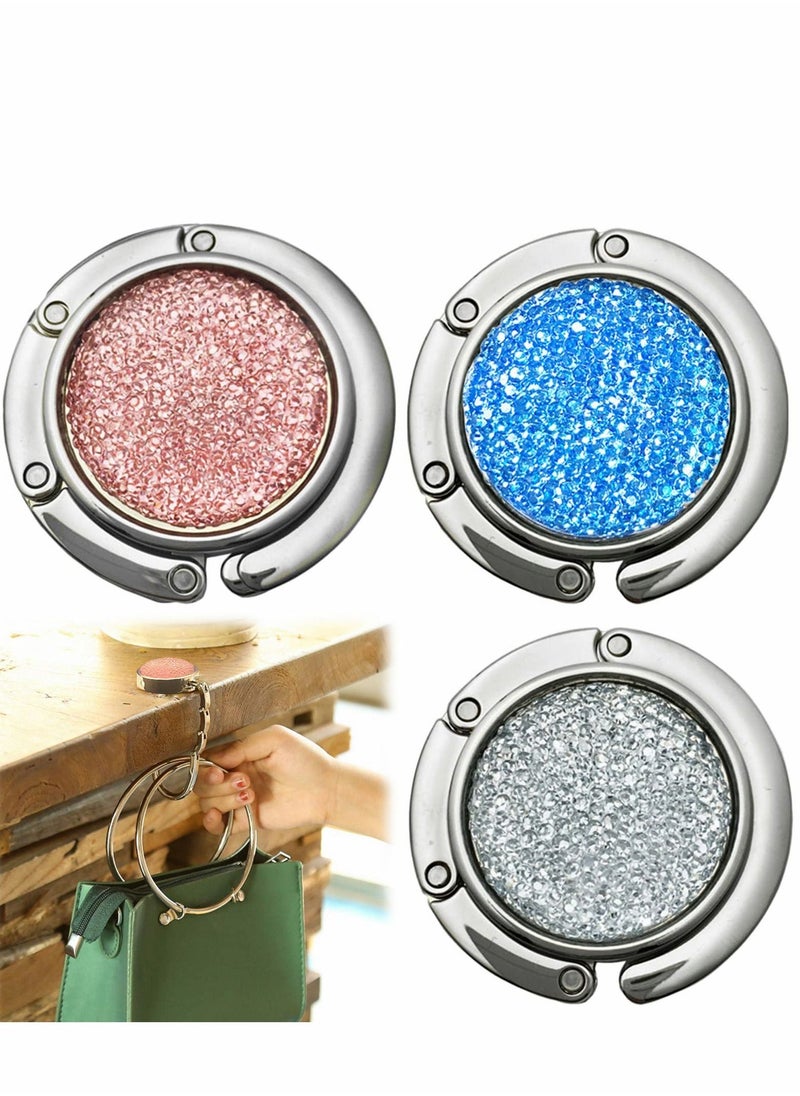 Foldable Purse Hook Floding Handbag Hanger Bling Rhinestone Bag Holder for Table Desk 3 PCS(White Pink Blue)  - Image 1