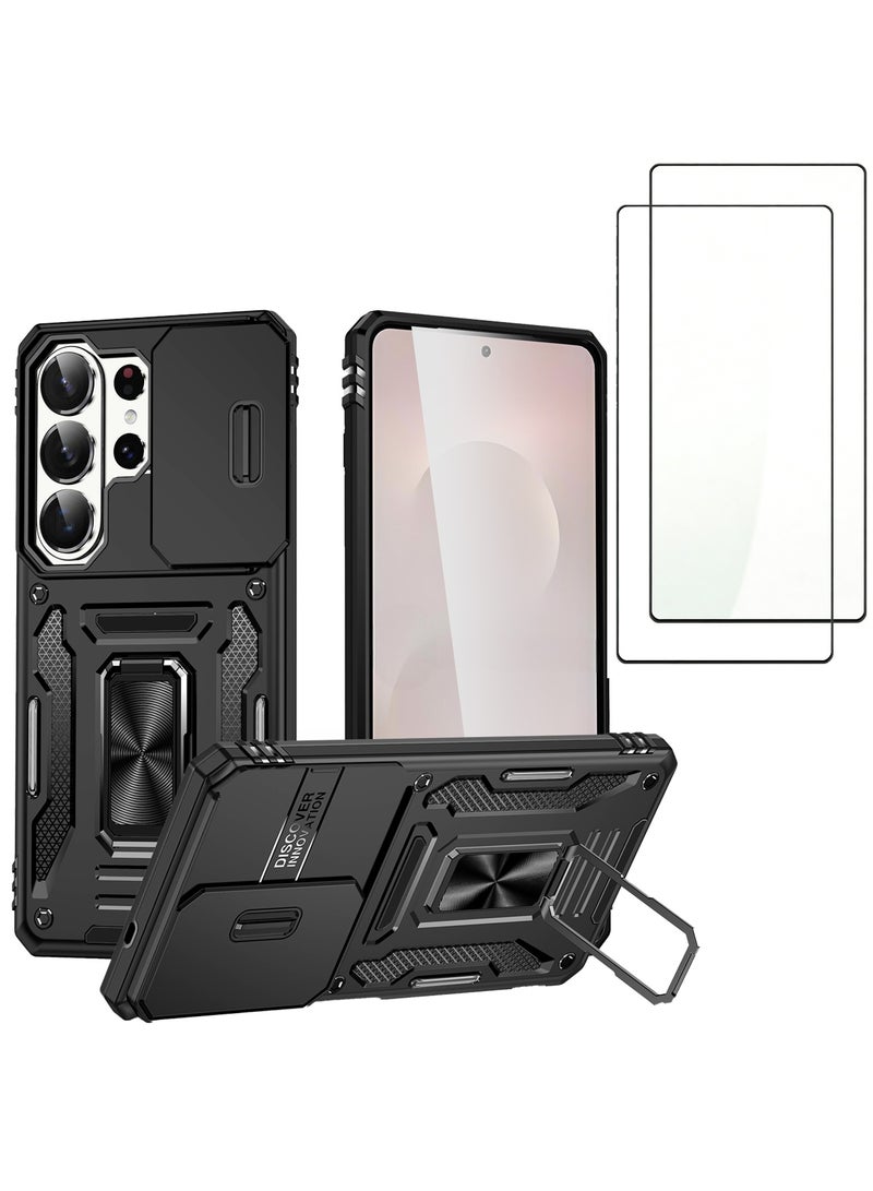 Adando [1+2] Case for Samsung Galaxy S26 Ultra with 2 Tempered Glass Screen Protector, Slide Camera Cover and Stand Kickstand Ring with Tempered, Corner Protection Anti-Scratch Shock Absorption Rugged Bumper Cover (Black) - Image 1