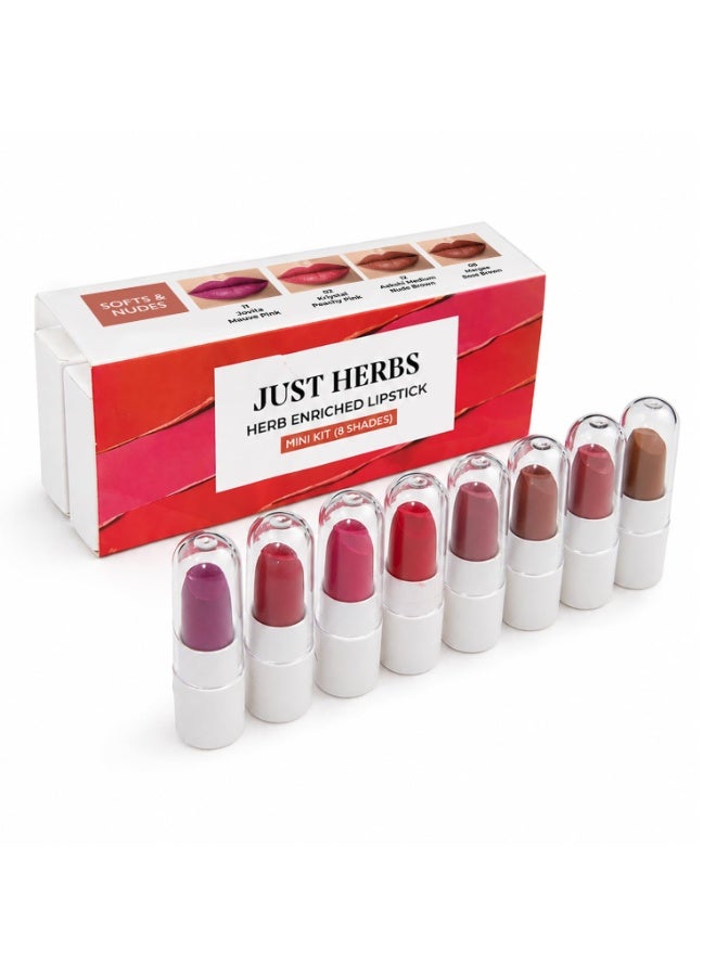 Just Herbs Herb Enriched Lipstick Kit | 8 Creamy Matte Shades | Travel Friendly & Richly Pigmented | Infused with Ashwagandha, Brahmi & Castor Oil - Image 1