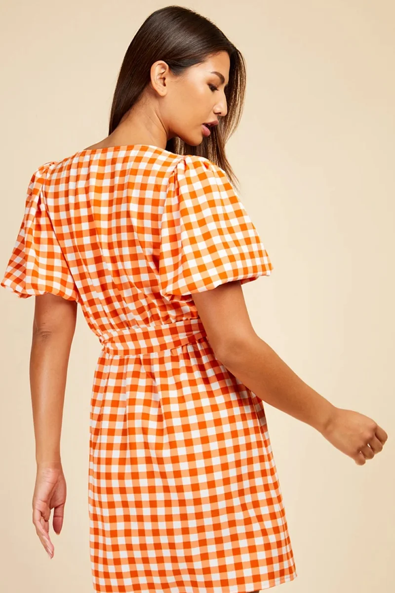 Little Mistress Orange Gingham Puff Sleeve Mini Wrap Dress