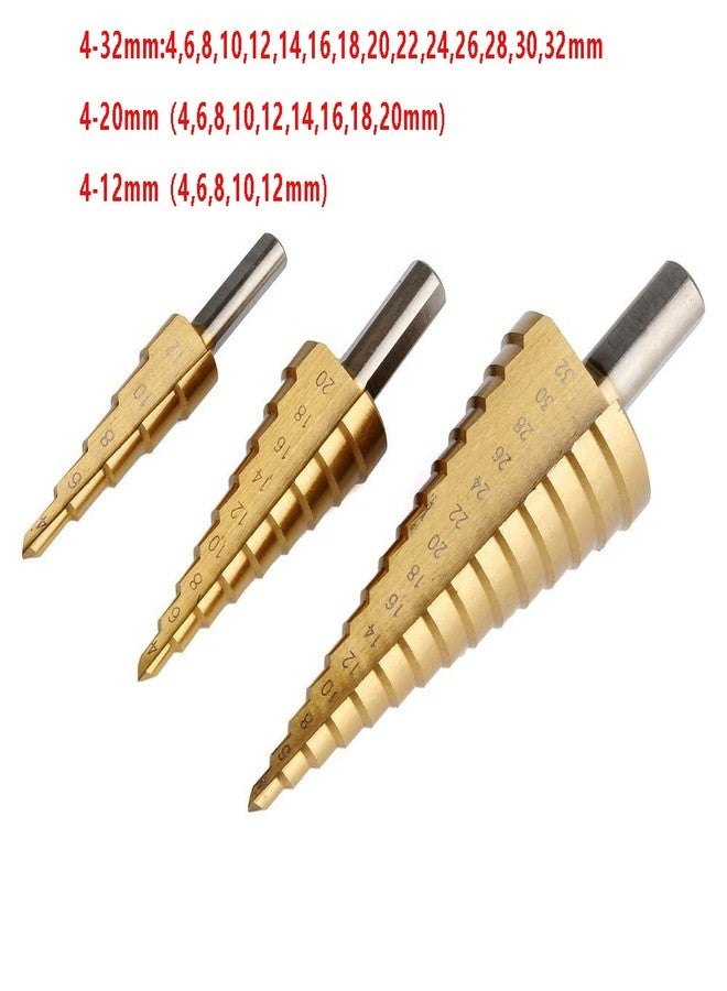 Chiloskit 3 Pcs HSS Step Drill Bit, High Speed Steel Titanium Coated Large Hole Step Bits for Metal Wood Plastic, 4-12/20/32mm - Image 2