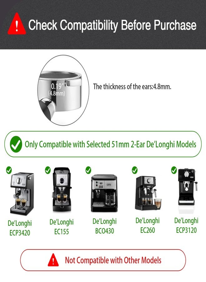 WhaleSiper 51mm Bottomless Portafilter & Puck Screen, 2 Ears Stainless Steel Head, Only Compatible with De'Longhi ECP3420, EC155, BCO430, EC260, and ECP3120, Includes 304 Stainless Steel Filter Basket - Image 2
