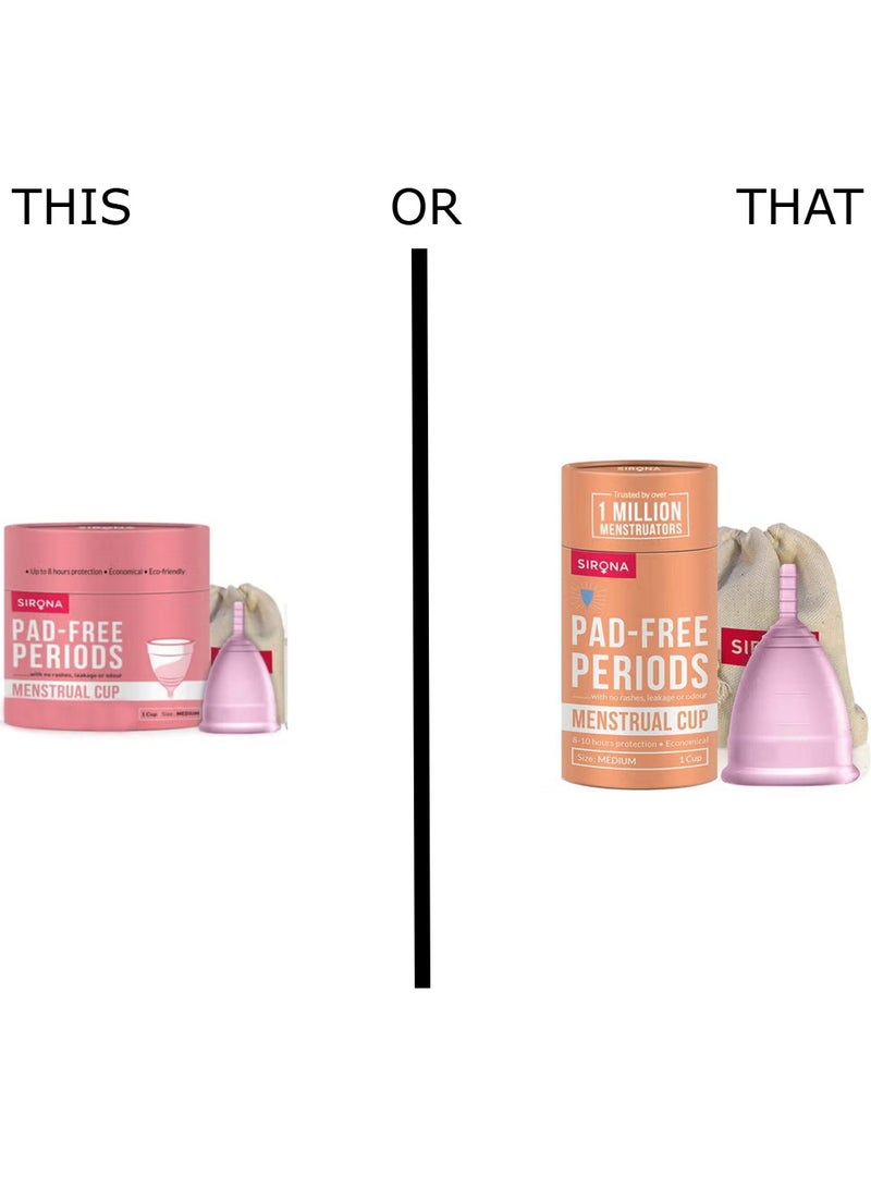 Sirona Reusable Menstrual Cup for Women with Pouch | Ultra Soft Odour & Rash Free | 100% Medical Grade Silicone | No Leakage | Protection for Up to 8-10 Hours | US FDA Registered - Medium (Pack of 1) - Image 1