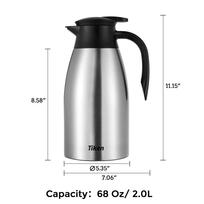 Tiken 68 Oz Thermal Coffee Carafe, Stainless Steel Insulated Vacuum Coffee Carafes For Keeping Hot, 2 Liter Beverage Dispenser (Silver) - Image 2