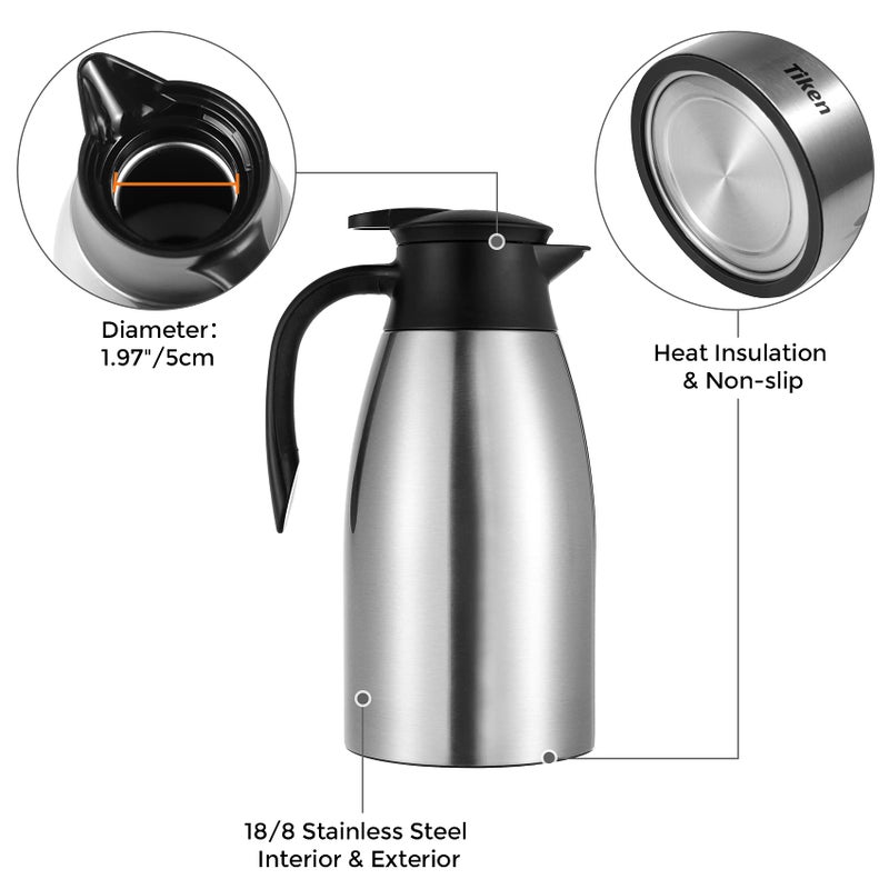 Tiken 68 Oz Thermal Coffee Carafe, Stainless Steel Insulated Vacuum Coffee Carafes For Keeping Hot, 2 Liter Beverage Dispenser (Silver) - Image 4