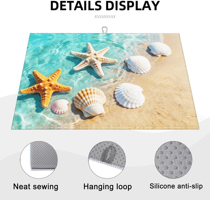 Vodbne Ocean Sea Dish Drying Mat for Summer Kitchen Counter, Microfiber Absorbent Beach Dish Draining Mat Extra Large 18"x24" - Image 3