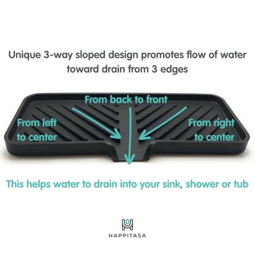 Happitasa Silicone Soap Dish Tray and Sponge Holder with Drain Chute and Feet | 3-Way Sloped Design | Bathroom and Kitchen Sink Organizer Caddy (Black, 10"x4") - Image 2