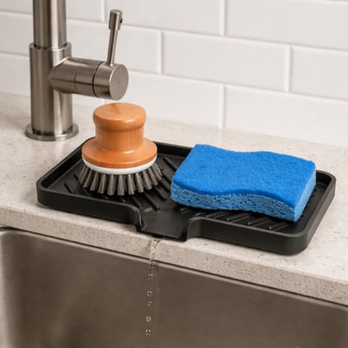 Happitasa Silicone Soap Dish Tray and Sponge Holder with Drain Chute and Feet | 3-Way Sloped Design | Bathroom and Kitchen Sink Organizer Caddy (Black, 10"x4") - Image 4