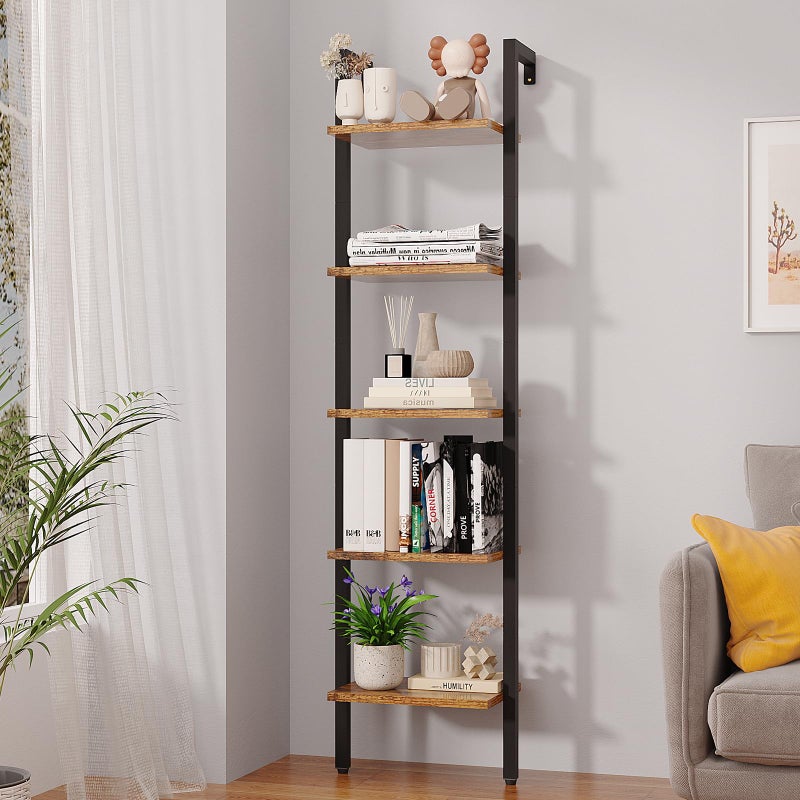 YMYNY 5 Tiers Ladder Bookcase Industrial Wall Mounted Bookshelf Open Display Rack with Metal Frame Wooden Storage Shelves for Bedroom Home Office Plant Stand Rustic Brown 70173118UHBC015H