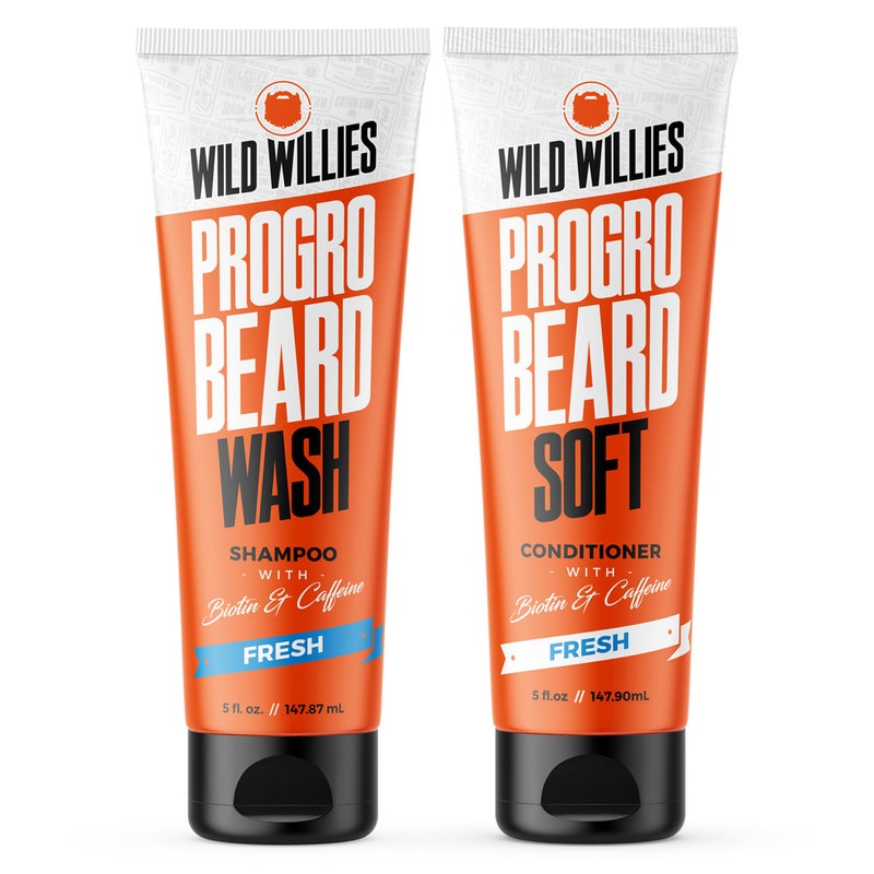 Wild Willies PROGRO Beard Shampoo and Conditioner Kit - Fortified w/Caffeine & Biotin - Strengthening, Flake-Free, Moisturizing Beard Wash and Conditioner for Men, 2 x 5oz Tubes - Image 1