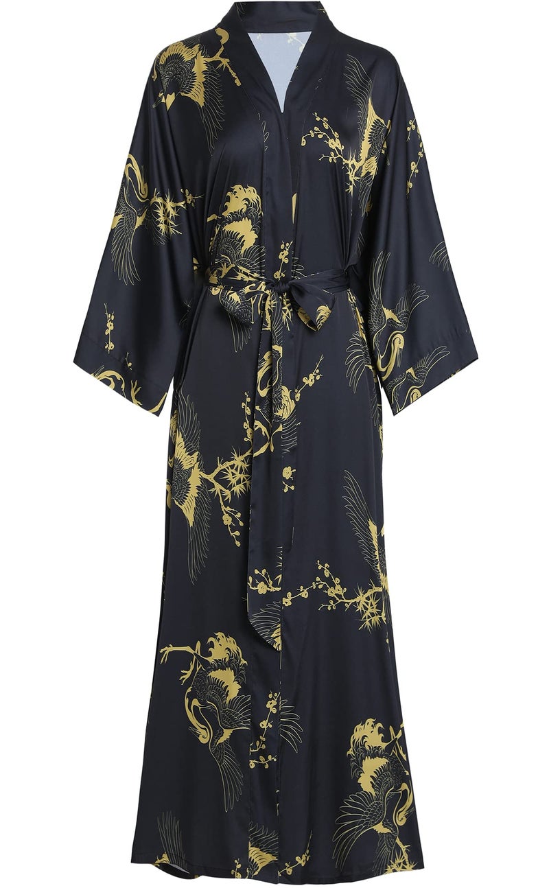 Aensso Long Soft Lightweight Silky Kimonos Robes for Women Luxury Japanese Floral Womens Kimono Robe Premium Black