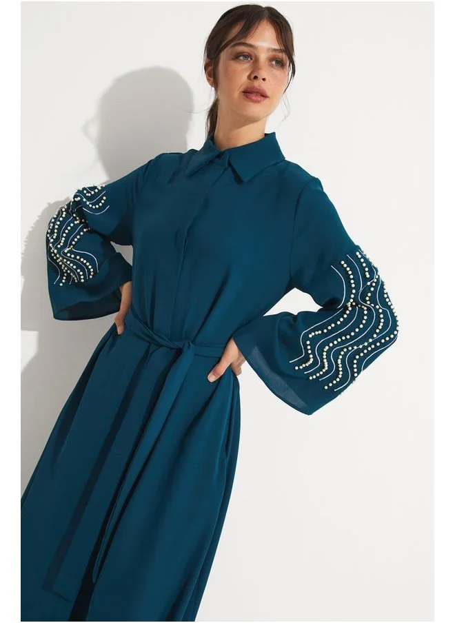 JUNE June Embroidered Detailed Shirt Neck Dress Teal