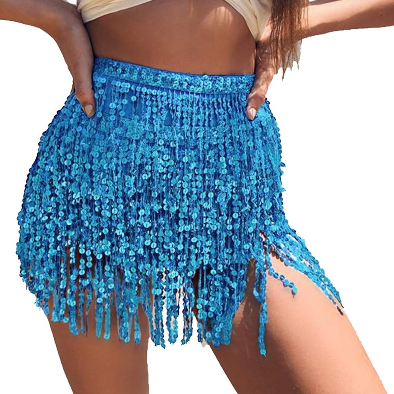 Fenyong Women's Sequin Tassel Skirts Sparkly Rave Fringe Hip Scarf for Festival Costume(Sky Blue) - Image 1
