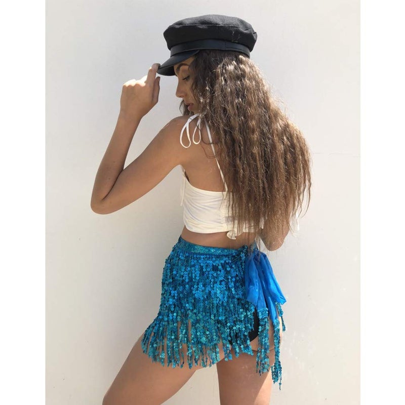 Fenyong Women's Sequin Tassel Skirts Sparkly Rave Fringe Hip Scarf for Festival Costume(Sky Blue) - Image 2