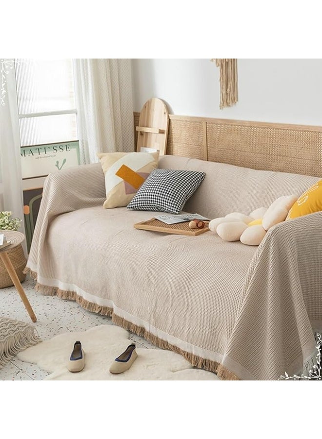 فاييت غطاء أريكة بنمط الوافل مقاس 130×180 سم مع شرابات، غطاء أريكة غير قابل للانزلاق وقابل للغسل لـ 3-4 مقاعد (النمط 1) - Image 1