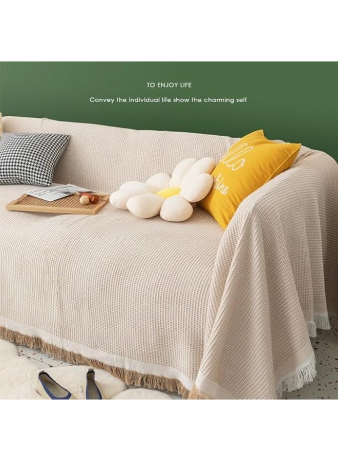 فاييت غطاء أريكة بنمط الوافل مقاس 130×180 سم مع شرابات، غطاء أريكة غير قابل للانزلاق وقابل للغسل لـ 3-4 مقاعد (النمط 1) - Image 3