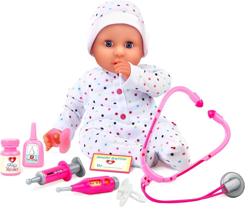 dolls world DOLLSWORLD from Peterkin | Dolly Doctor Doll | 46cm (18") soft bodied doll with vinyl limbs, sleeping eyes, deluxe outfit, medical role play accessories and dummy | Dolls & Accessories | Ages 3+ - Image 1