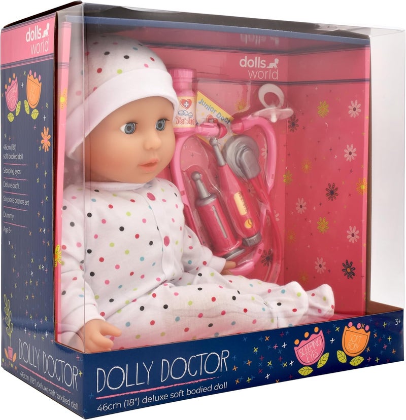 dolls world DOLLSWORLD from Peterkin | Dolly Doctor Doll | 46cm (18") soft bodied doll with vinyl limbs, sleeping eyes, deluxe outfit, medical role play accessories and dummy | Dolls & Accessories | Ages 3+ - Image 2