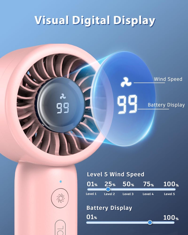 ARCTICOOL Portable Mini Fan with Digital Display - 7500RPM Ultra-Fast Portable Hand Fan, 2000mAh Rechargeable Battery, Pocket-Sized Cooling for Makeup, Travel, and Outdoor Use (Pink) - Image 3