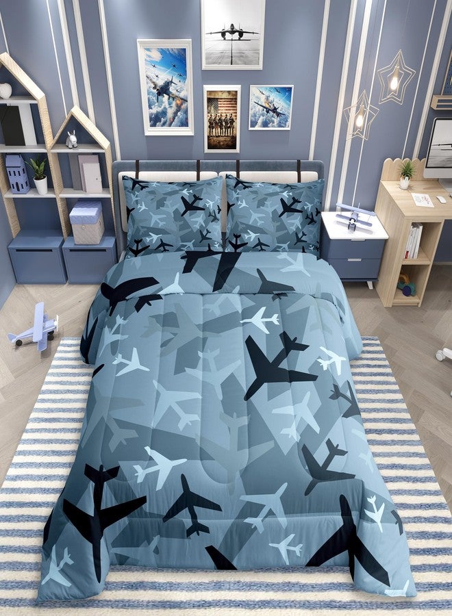 Homewish Camo Aircraft Comforter Set Full,Cartoon Airplane Boys Bedding Set for Kids Teens Men Bedroom Decor,Army Camouflage Blue Black Down Comforter Modern Grey Blue Duvet Insert with 2 Pillowcases - Image 1