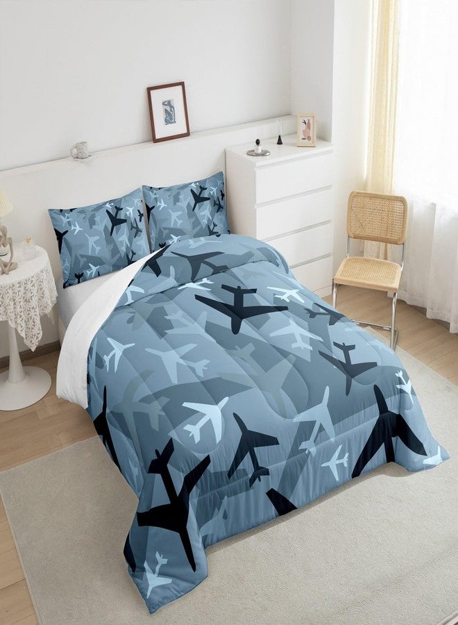 Homewish Camo Aircraft Comforter Set Full,Cartoon Airplane Boys Bedding Set for Kids Teens Men Bedroom Decor,Army Camouflage Blue Black Down Comforter Modern Grey Blue Duvet Insert with 2 Pillowcases - Image 2