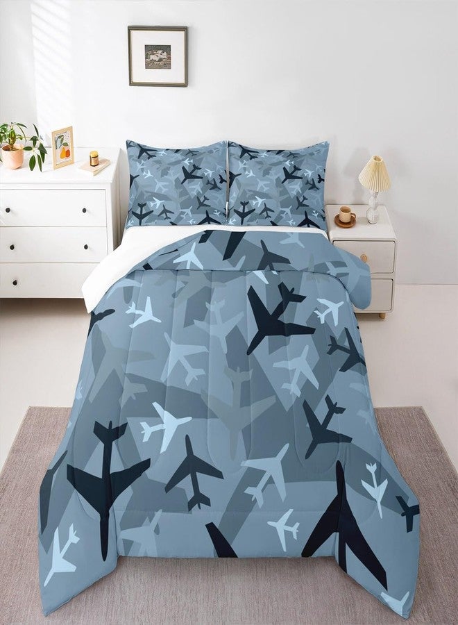 Homewish Camo Aircraft Comforter Set Full,Cartoon Airplane Boys Bedding Set for Kids Teens Men Bedroom Decor,Army Camouflage Blue Black Down Comforter Modern Grey Blue Duvet Insert with 2 Pillowcases - Image 5