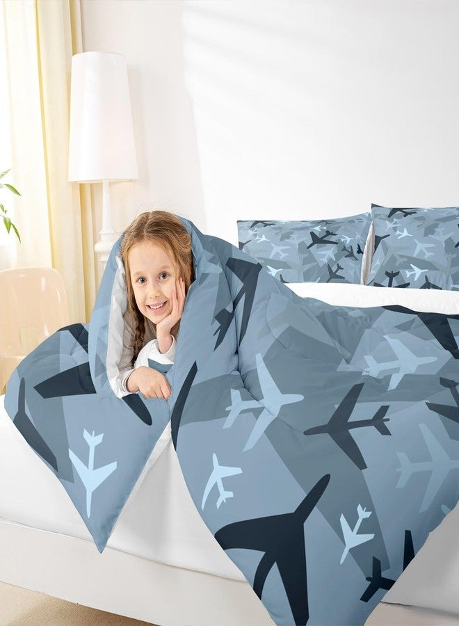 Homewish Camo Aircraft Comforter Set Full,Cartoon Airplane Boys Bedding Set for Kids Teens Men Bedroom Decor,Army Camouflage Blue Black Down Comforter Modern Grey Blue Duvet Insert with 2 Pillowcases - Image 3