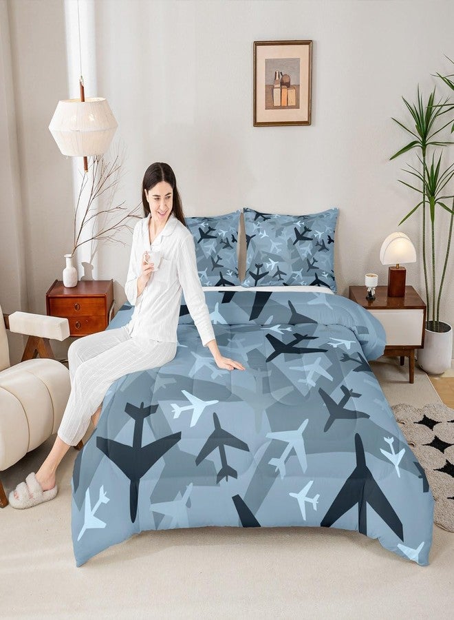 Homewish Camo Aircraft Comforter Set Full,Cartoon Airplane Boys Bedding Set for Kids Teens Men Bedroom Decor,Army Camouflage Blue Black Down Comforter Modern Grey Blue Duvet Insert with 2 Pillowcases - Image 4