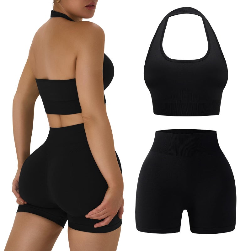 OLCHEE Workout Sets for Women 2 Piece Backless Halter Sports Bra High Waist Booty Shorts Yoga Gym Outfits Lounge Activewear - Solid Black Medium - Image 1