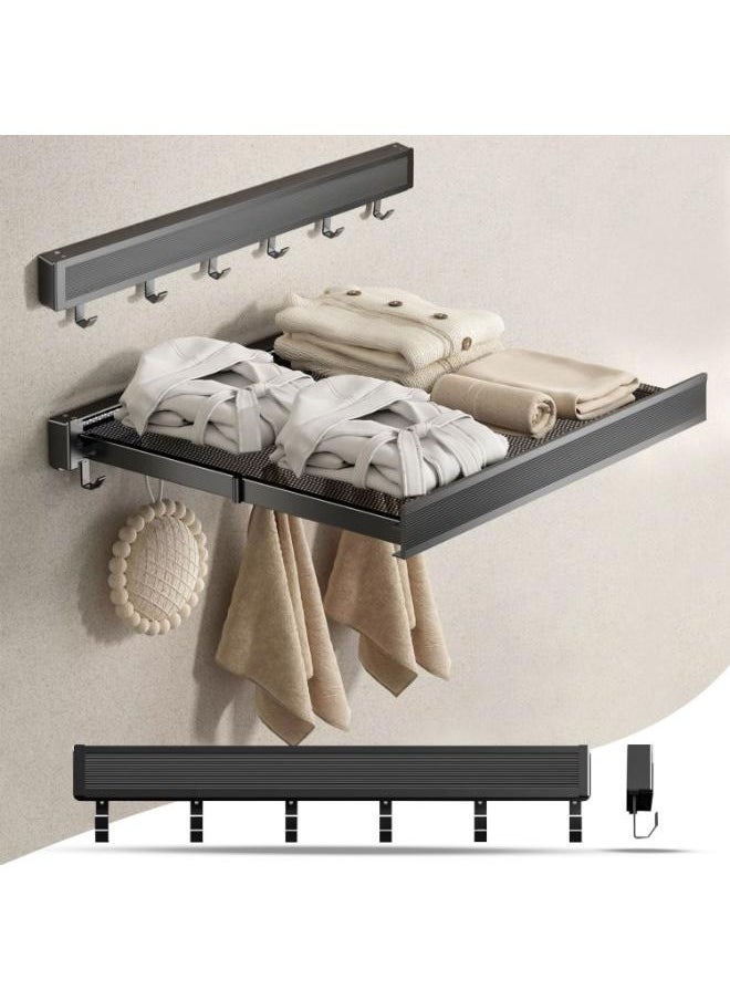Eoptify Collapsible Mesh Cothes Drying Rack for Bathroom , Wall Mounted Folding Clothes Drying rack, Space Saver Aluminium Drying Rack with 8 Towel Hooks,  Indoor & Outdoor Foldable Towel Shelf 60cm  - Image 1