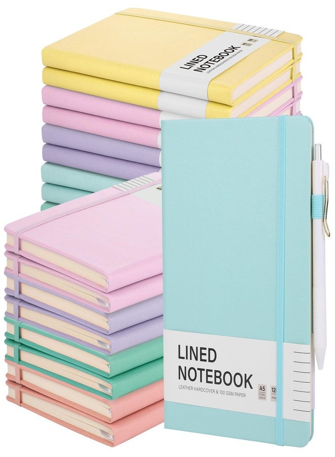 Aodaer 12 Set Lined Notebook Journals with Pens A5 Notebooks 100 GSM College Ruled Hardcover Notebook PU Leather Notepad with Pen Holder for Office School, 5.7 x 8.3 Inches, Light Multicolor - Image 1