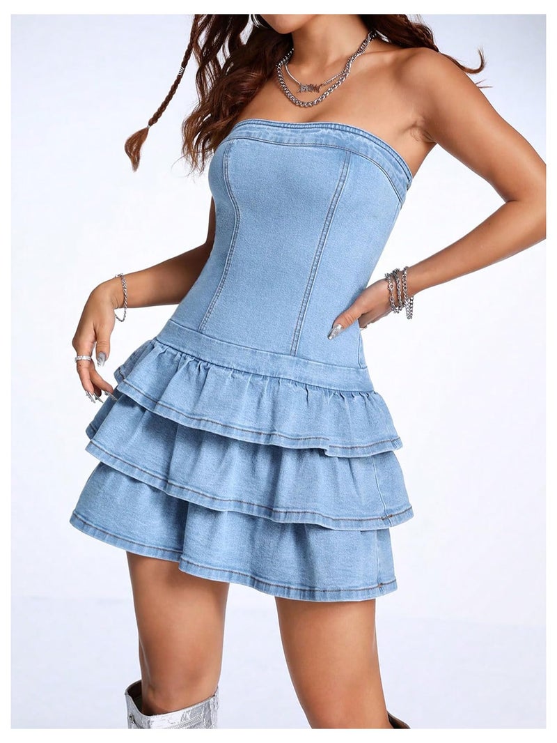 WDIRARA Women's Strapless Layered Ruffle Denim Dress Bandeau Slim Fit Mini Dresses Blue Small - Image 5
