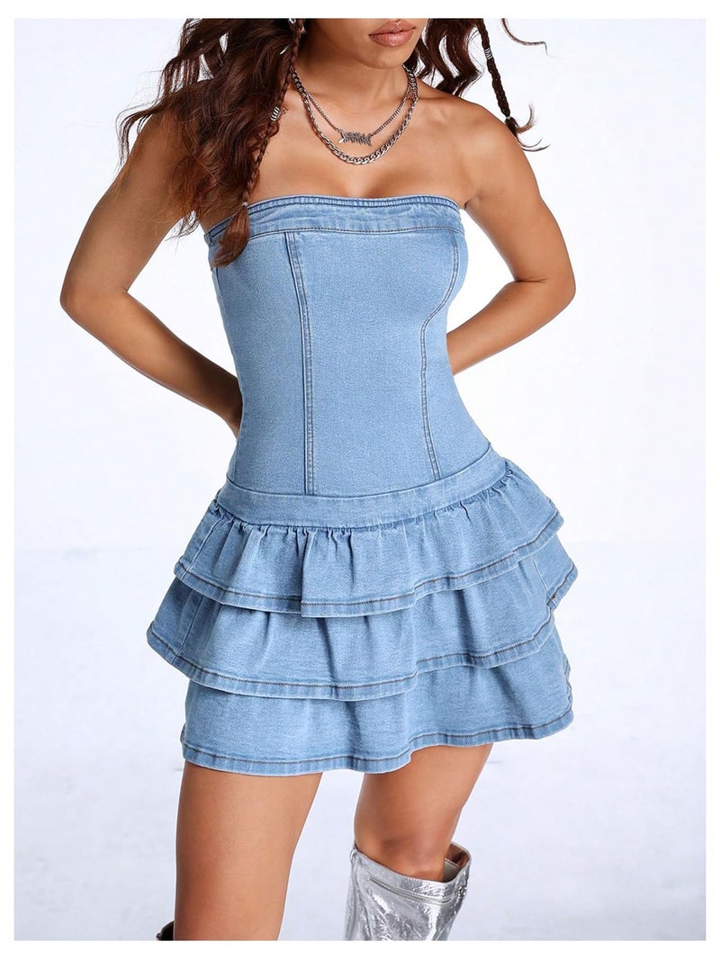 WDIRARA Women's Strapless Layered Ruffle Denim Dress Bandeau Slim Fit Mini Dresses Blue Small - Image 3