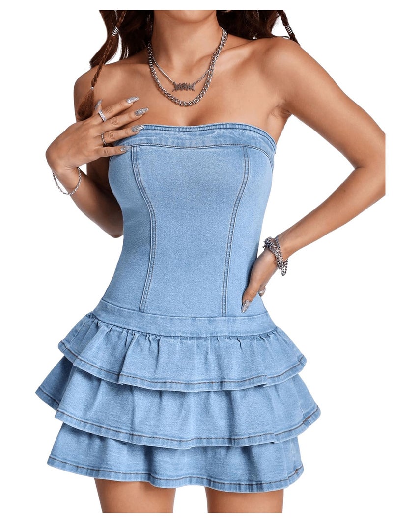 WDIRARA Women's Strapless Layered Ruffle Denim Dress Bandeau Slim Fit Mini Dresses Blue Small - Image 1