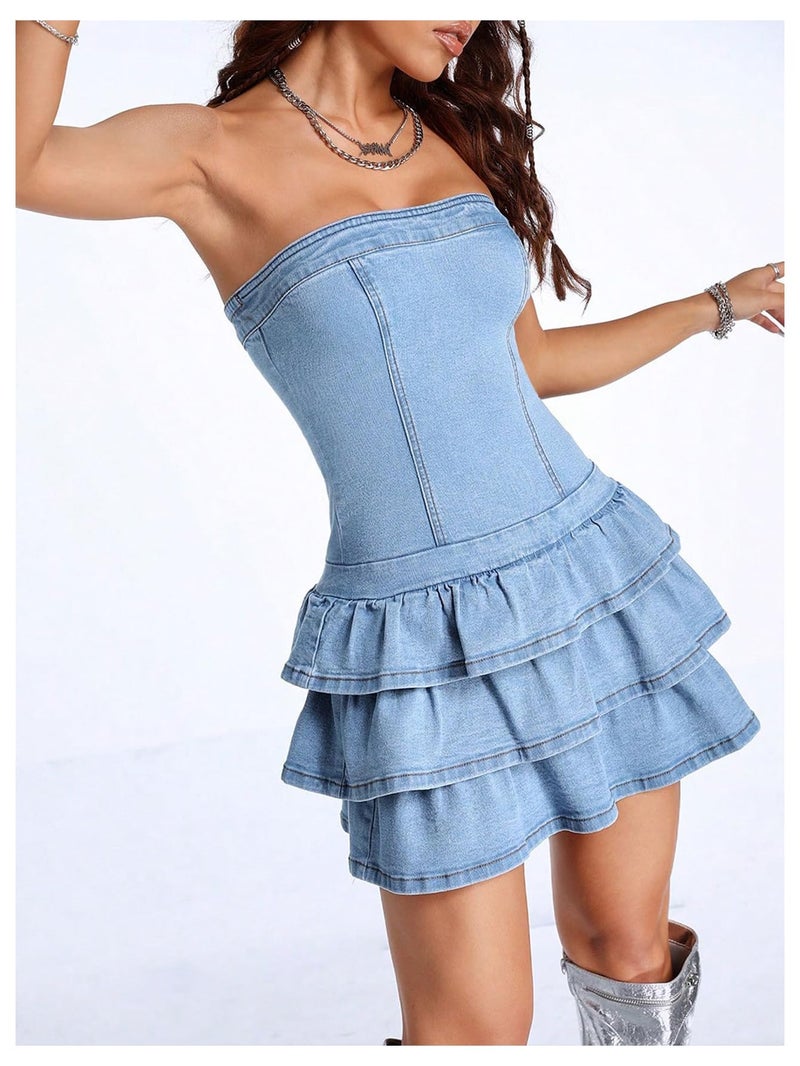 WDIRARA Women's Strapless Layered Ruffle Denim Dress Bandeau Slim Fit Mini Dresses Blue Small - Image 4