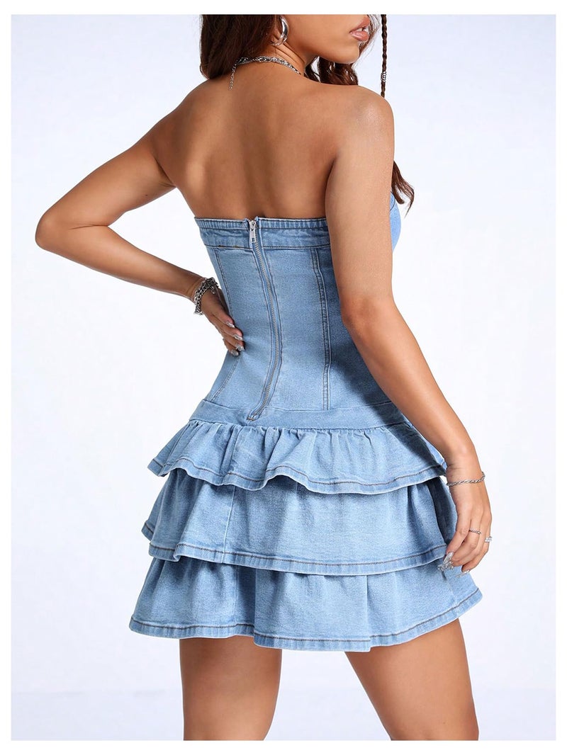 WDIRARA Women's Strapless Layered Ruffle Denim Dress Bandeau Slim Fit Mini Dresses Blue Small - Image 2