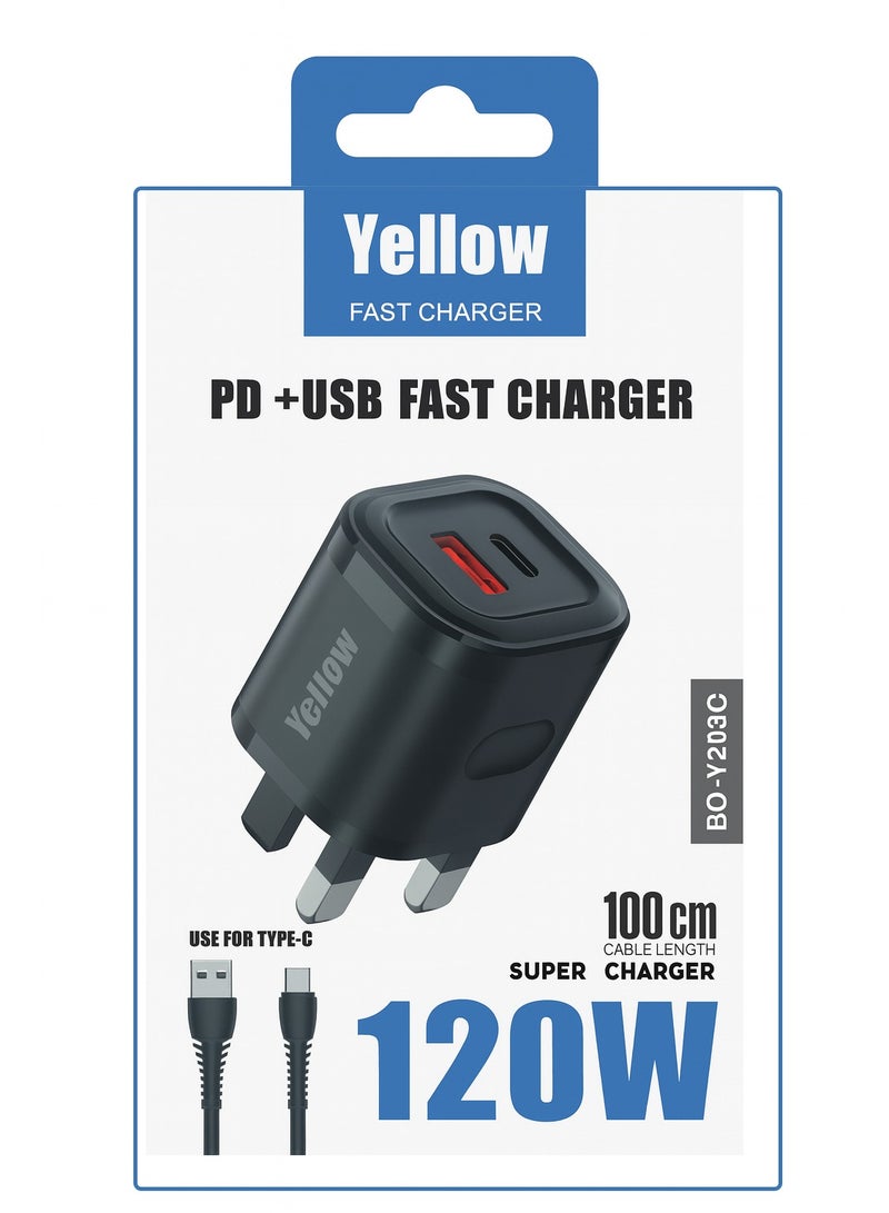 Yellow BO-Y203C 120W Super Fast Charger with Type-C Cable – Dual USB Ports - Image 2