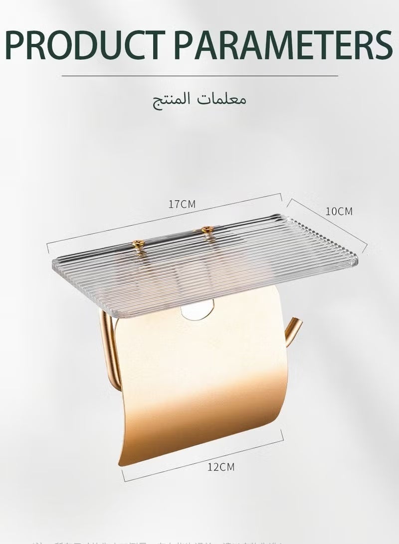حامل ورق المرحاض ذاتي اللاصق المثبت على الجدار مع رف الهاتف ، الذهبي المضاد للماء ، موزع تخزين لفة المرحاض - Image 5