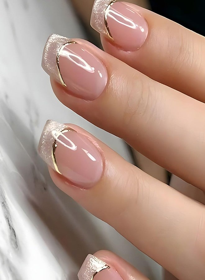LRKNNO 24Pcs Short Press on Nails Square Fake Nails Glitter French Tip Glue on Nails Reusable Nude Pink False Nails with Designs Full Cover Artificial Stick on Nails for Women Girls Acrylic Manicure Salon - Image 1
