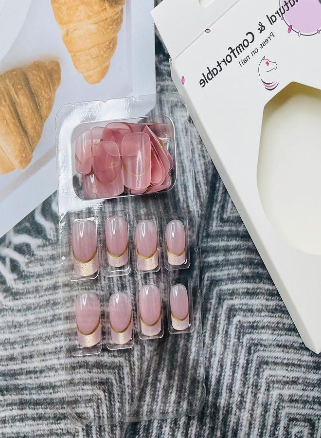 LRKNNO 24Pcs Short Press on Nails Square Fake Nails Glitter French Tip Glue on Nails Reusable Nude Pink False Nails with Designs Full Cover Artificial Stick on Nails for Women Girls Acrylic Manicure Salon - Image 5