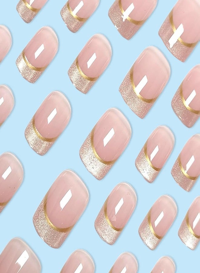 LRKNNO 24Pcs Short Press on Nails Square Fake Nails Glitter French Tip Glue on Nails Reusable Nude Pink False Nails with Designs Full Cover Artificial Stick on Nails for Women Girls Acrylic Manicure Salon - Image 3