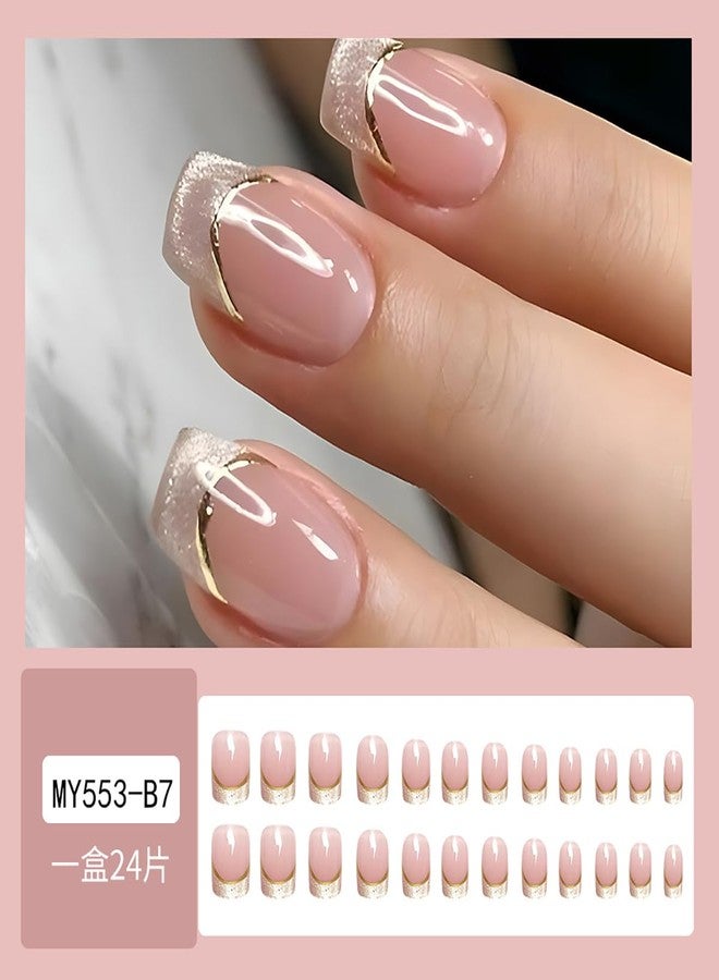 LRKNNO 24Pcs Short Press on Nails Square Fake Nails Glitter French Tip Glue on Nails Reusable Nude Pink False Nails with Designs Full Cover Artificial Stick on Nails for Women Girls Acrylic Manicure Salon - Image 2