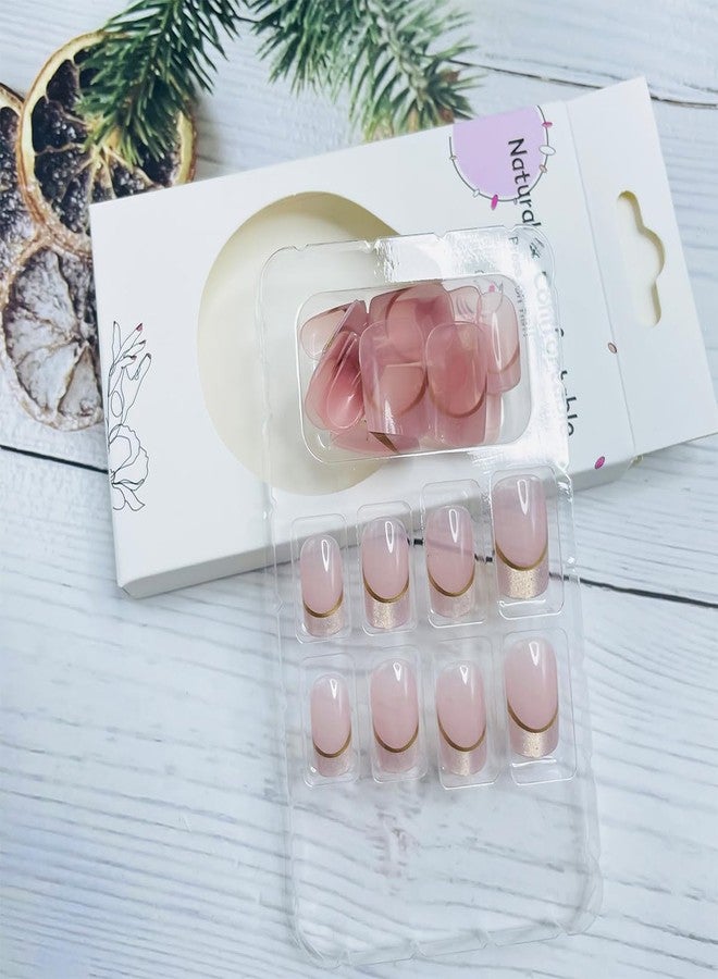 LRKNNO 24Pcs Short Press on Nails Square Fake Nails Glitter French Tip Glue on Nails Reusable Nude Pink False Nails with Designs Full Cover Artificial Stick on Nails for Women Girls Acrylic Manicure Salon - Image 4