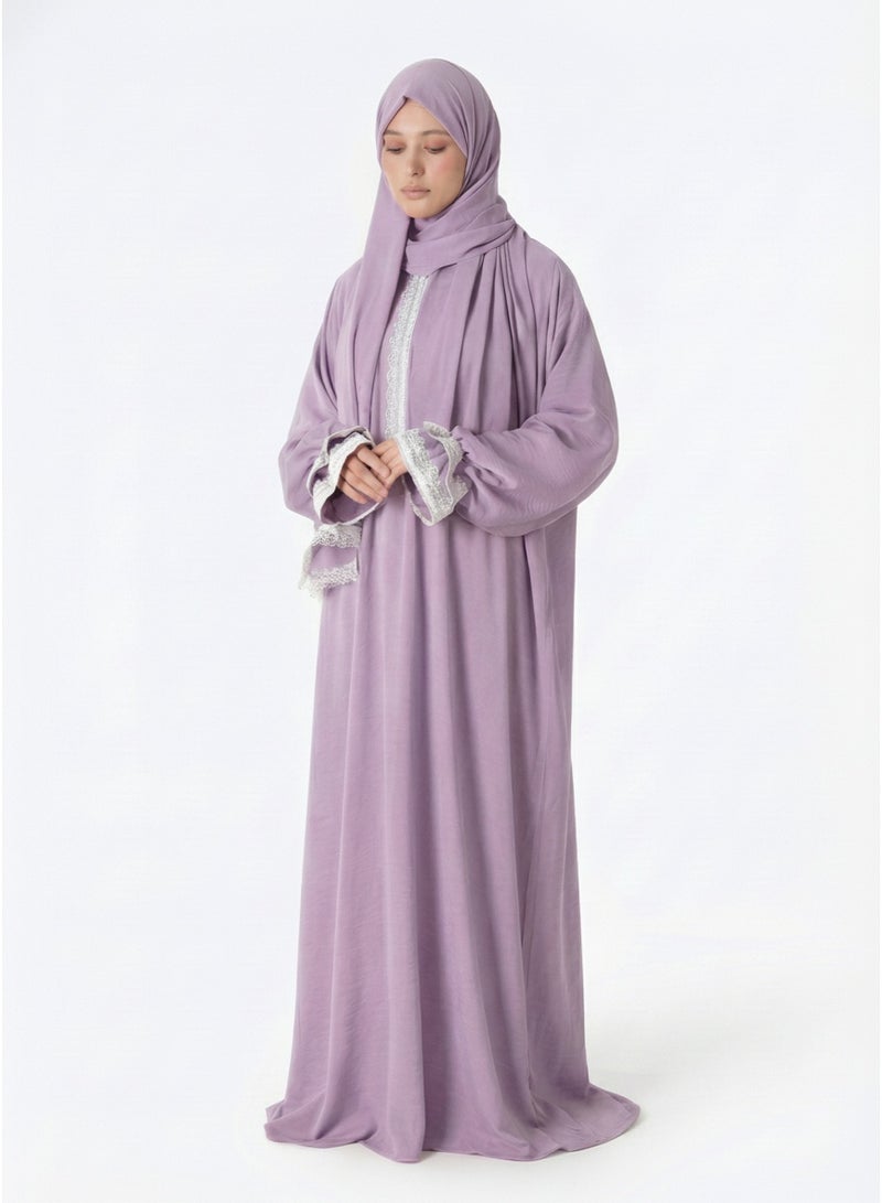 KESSAA Larin Women’s Premium Prayer Isdal – Luxury Silk-Cotton Full-Coverage Salah Dress with Integrated Head Scarf | Lightweight, Breathable, Modest Wear for Home, Travel & Mosque - Lavander - Image 1