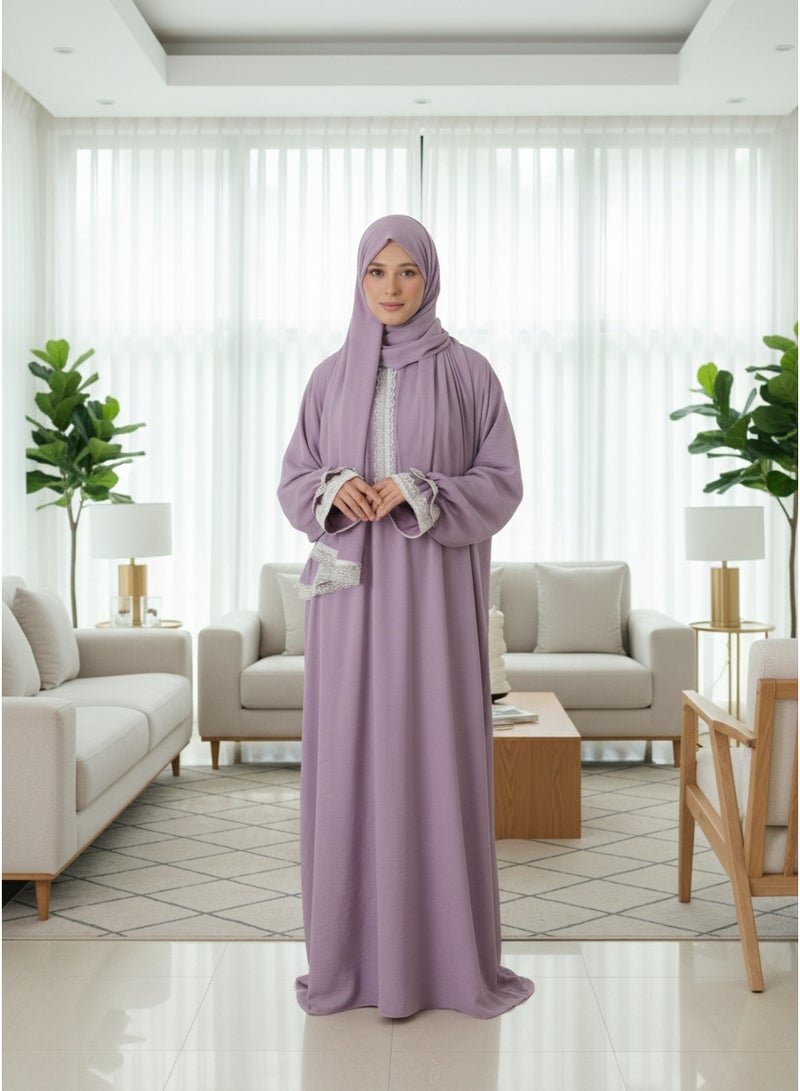 KESSAA Larin Women’s Premium Prayer Isdal – Luxury Silk-Cotton Full-Coverage Salah Dress with Integrated Head Scarf | Lightweight, Breathable, Modest Wear for Home, Travel & Mosque - Lavander - Image 2