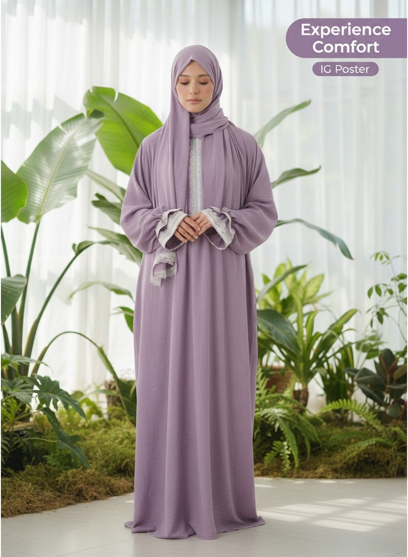 KESSAA Larin Women’s Premium Prayer Isdal – Luxury Silk-Cotton Full-Coverage Salah Dress with Integrated Head Scarf | Lightweight, Breathable, Modest Wear for Home, Travel & Mosque - Lavander - Image 5