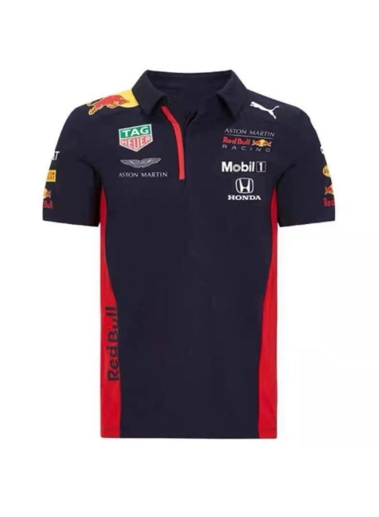 ريد بل Racing Navy Blue Polo Shirt with Red Accents, Featuring , TAG Heuer, Aston Martin, Mobil 1, and Honda Branding--M - Image 1